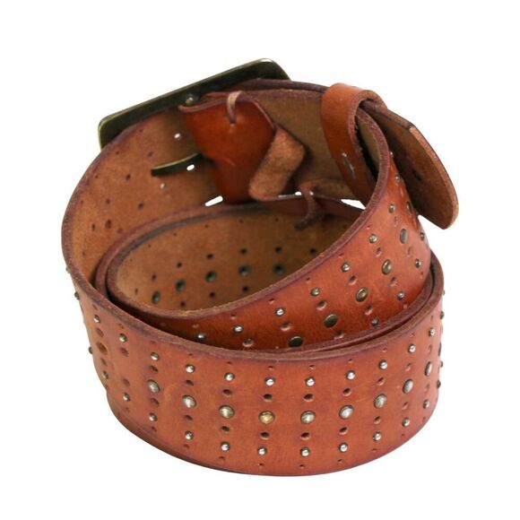 PERFORATED BROWN REAL LEATHER 1 5/8"Wd STUDS CASUAL DRESS WOMEN'S BELT Sz S (F34 - Picture 4 of 12